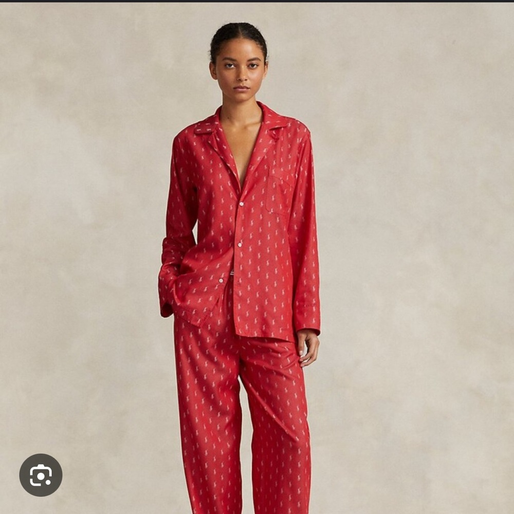Polo by Ralph Lauren Red Satin Pajama Set with Subtle Print